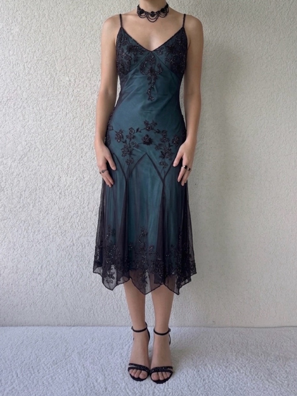 Adrianna Papell Teal Satin Slip Dress with Black Lace Overlay